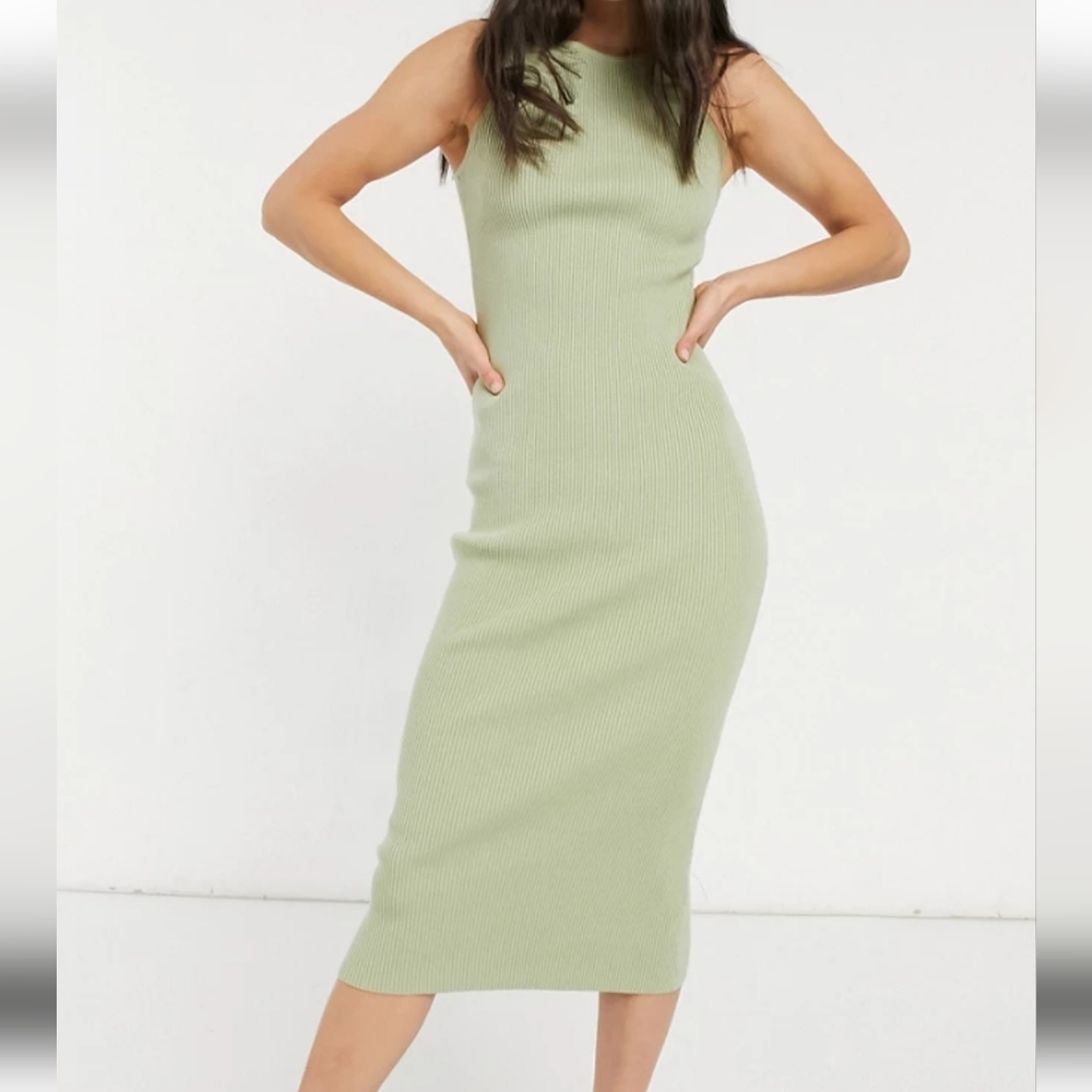 Pretty Lavish Billie Knit Midi Dress in Olive. Ribbed bodycon sweater dress